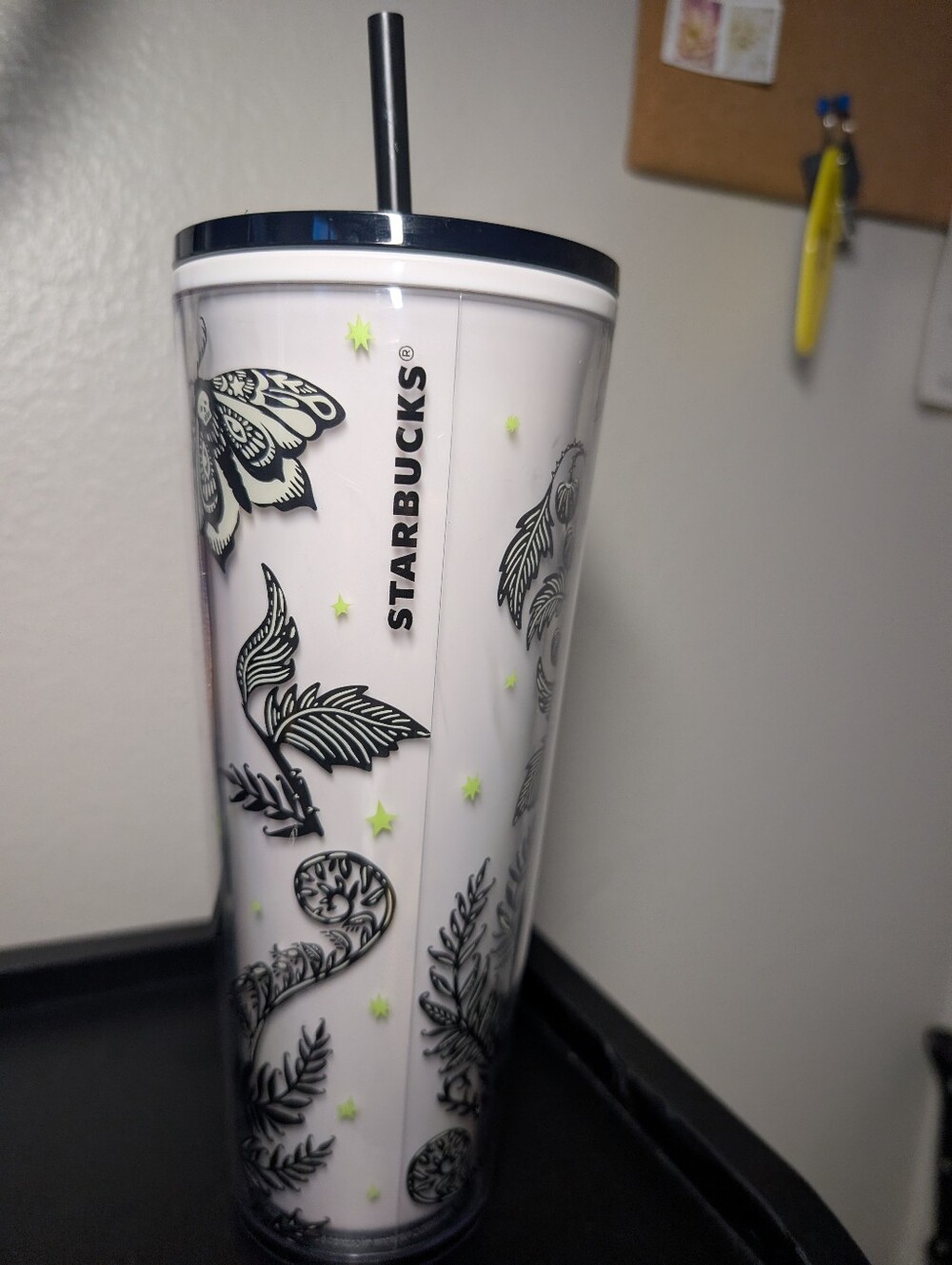 Starbucks White Tumbler with Black Floral And ButterflyDesign and Orange Accents